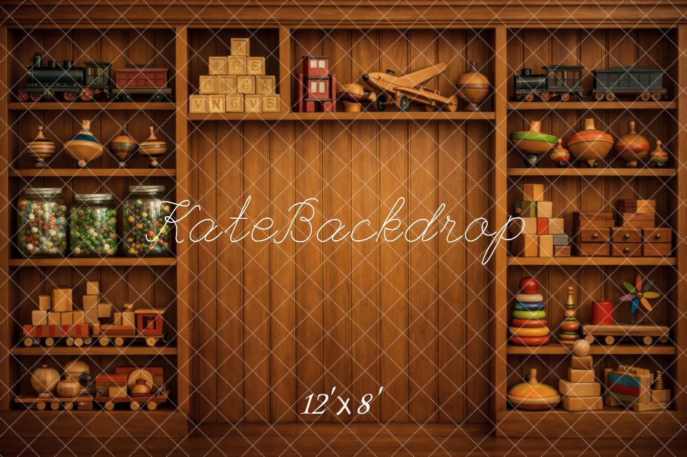 Kate Vintage Wooden Cabinet with Classic Toys Printed Backdrop Designed by Vertigo Productions