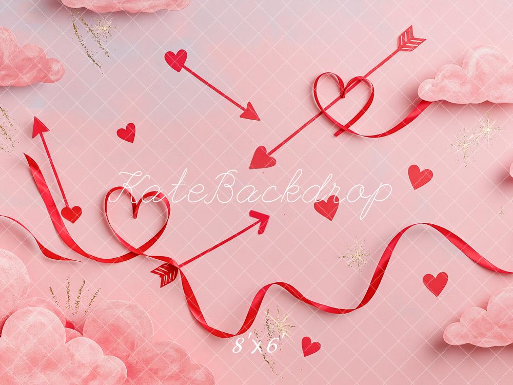 Kate Valentine's Day Pink Hearts Arrows Ribbon Clouds Printed Backdrop Designed by Angela Miller
