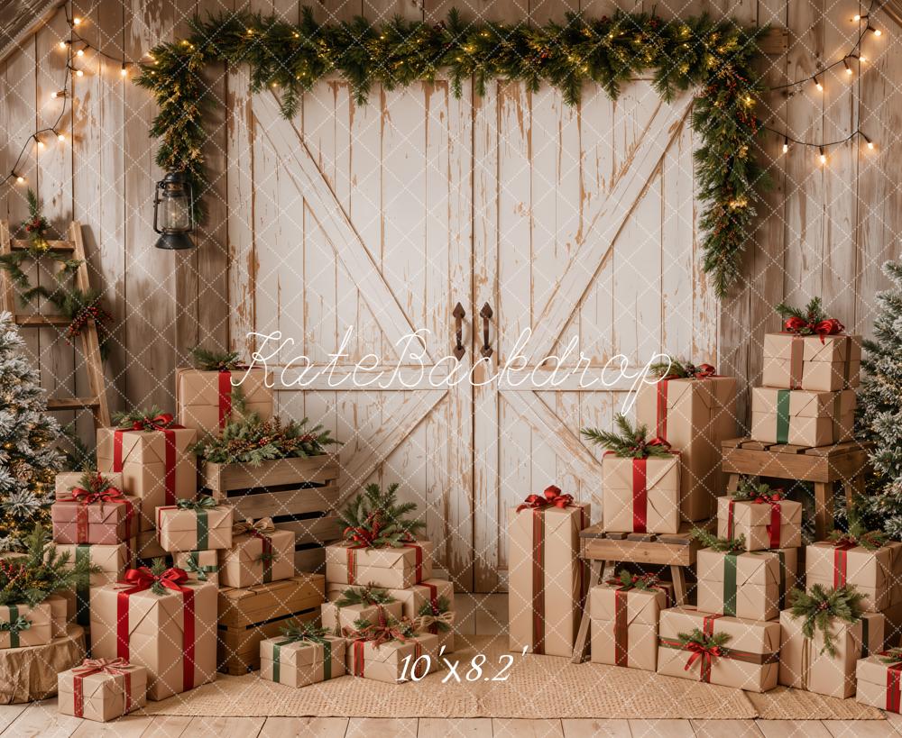 Kate Christmas Rustic White Barn Door Trees Gifts Printed Backdrop Designed by Emetselch