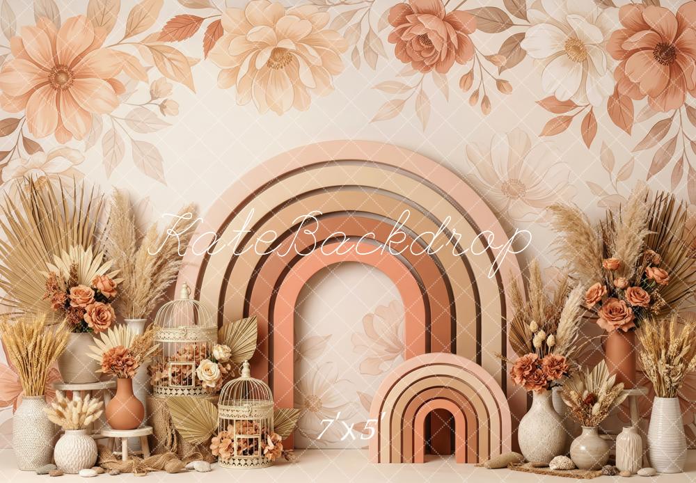Kate Boho Cake Smash Flower Arch Rainbow Dried Flowers Printed Backdrop Designed by Patty Roberts