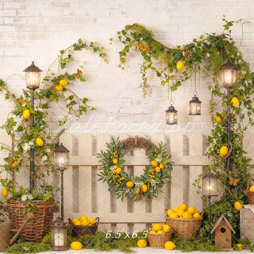 Kate Summer Lemon Vine Lantern Basket Rustic Fence Printed Backdrop Designed by Emetselch