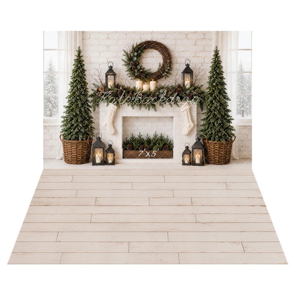 Kate Christmas Fireplace Minimalist Pine Trees Wreath Stockings Lanterns Printed Backdrop+White Retro Wall Planks Printed Backdrop