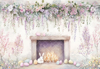Easter Cartoon Bunny Floral Fireplace Foto Achtergrond Designed by Mini MakeBelieve