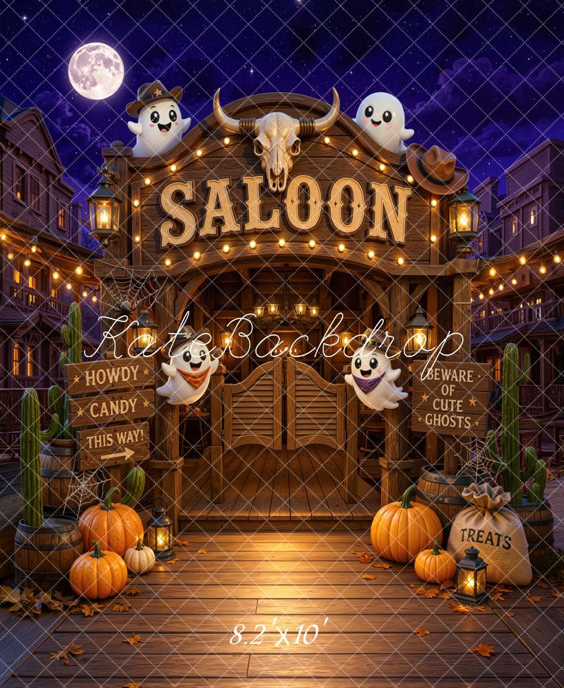 Kate Halloween Trunk or Treat Western Saloon Ghosts Pumpkins Skull Printed Backdrop Designed by Mini MakeBelieve