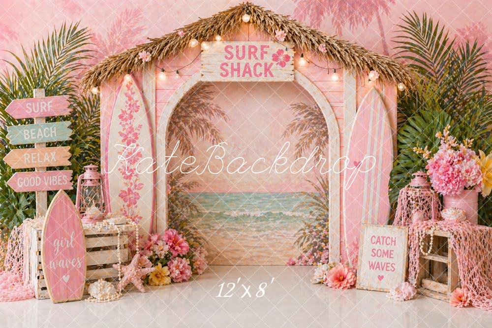 Kate Summer Beach Arch Pink Surfboards Flowers Printed Backdrop Designed by Caitlin Lynch