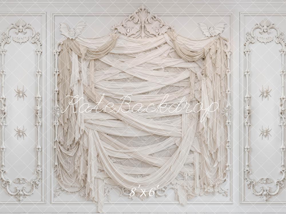 Kate Halloween Mummy Wall White Drapes Printed Backdrop Designed by Mini MakeBelieve