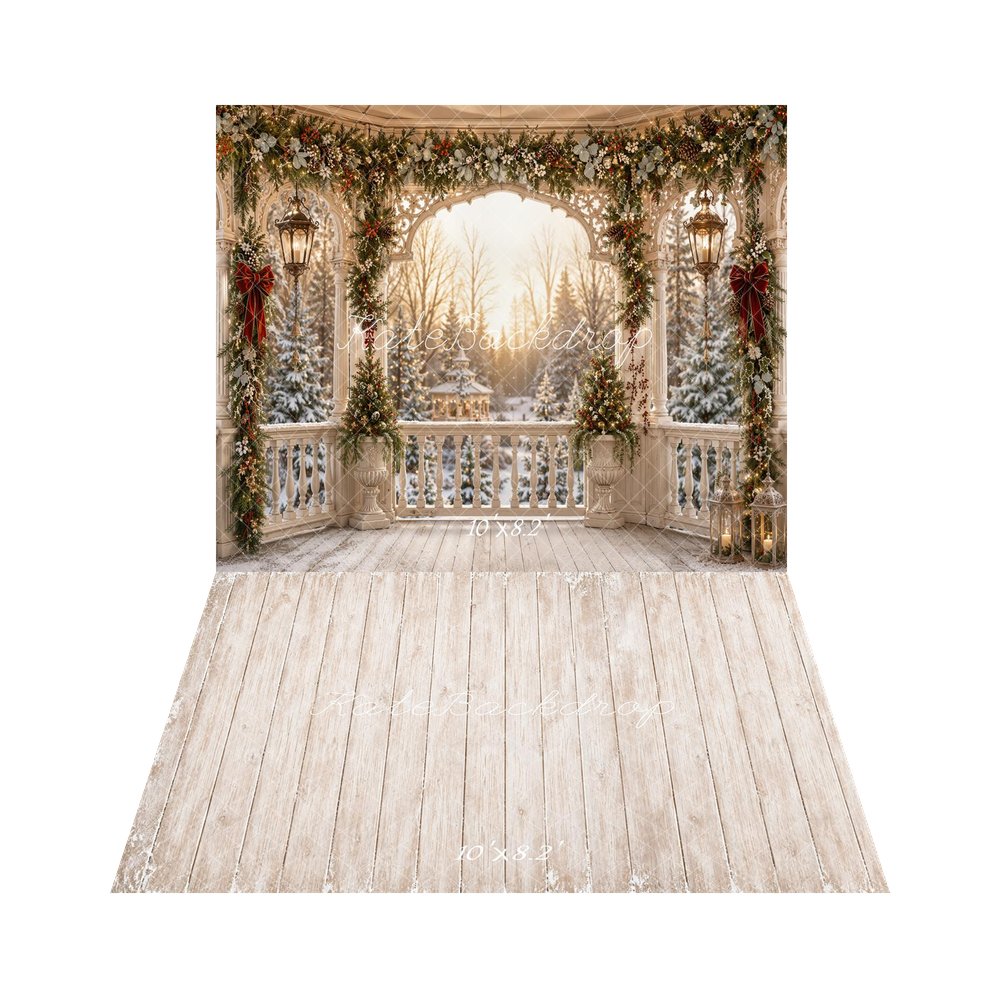 Kate Christmas Garland Gazebo Winter Forest Printed Backdrop+Light Beige Retro Wood Plank Wall Printed Backdrop