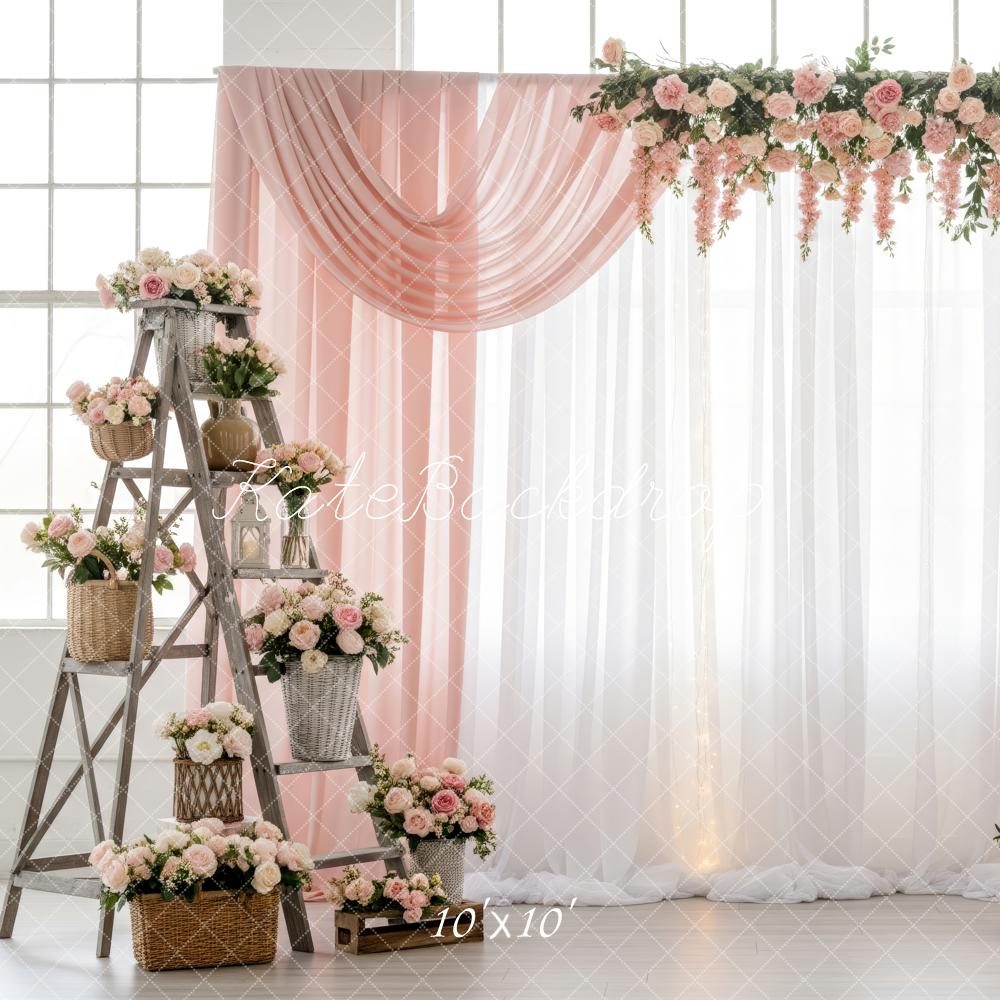 Kate Spring Flower Arch Ladder Crates Pink Roses Printed Backdrop Designed by Patty Roberts