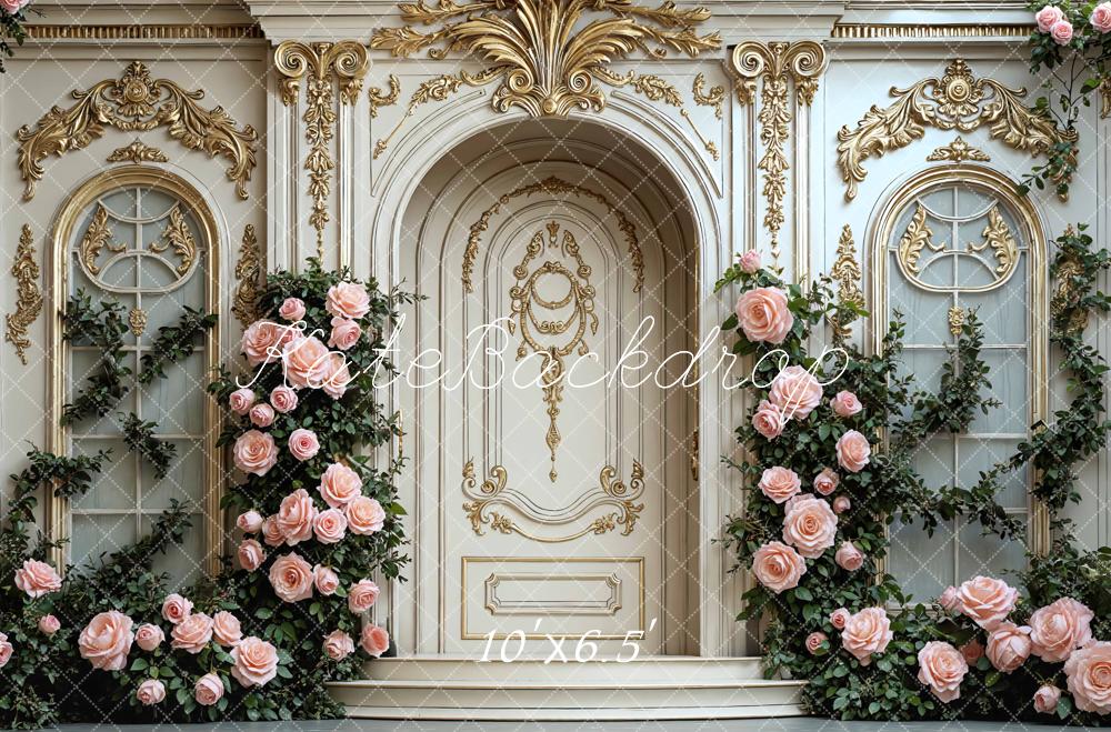Kate Spring Elegant Gold French Door Pink Roses Backdrop Designed by Mini MakeBelieve