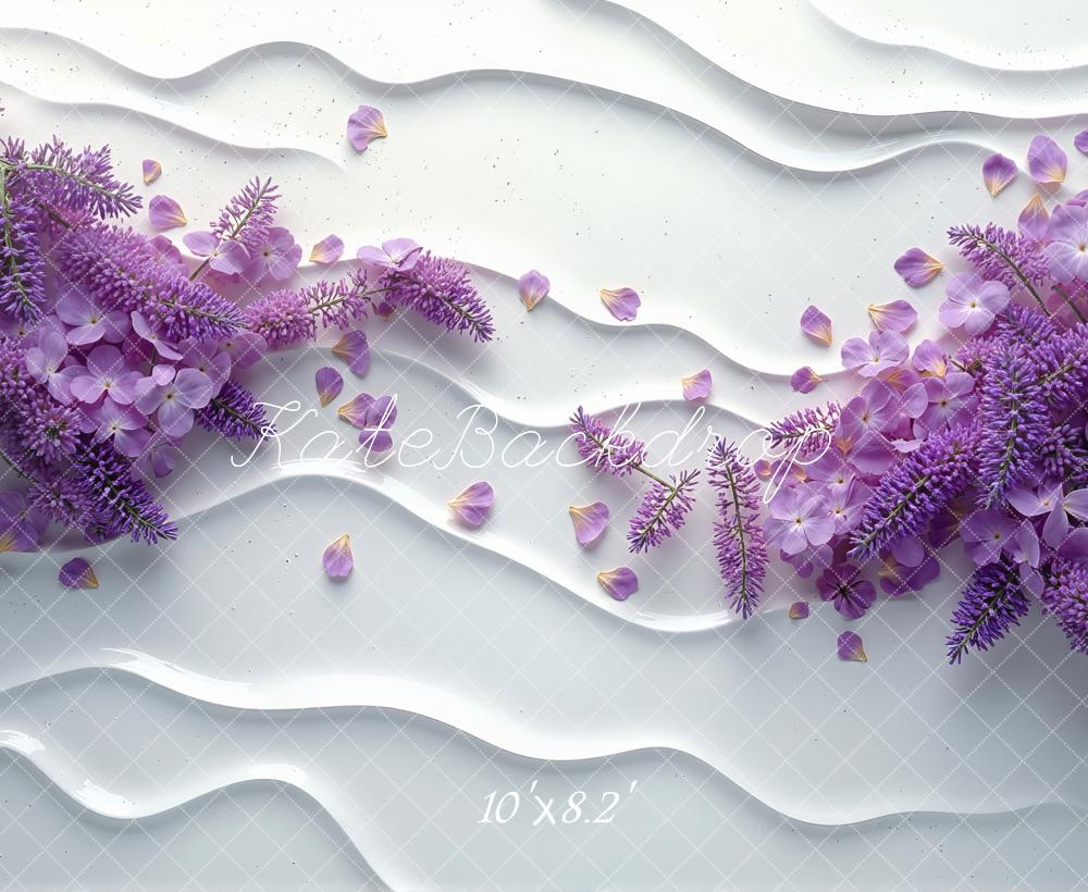 Kate Elegant Purple Flowers Petals White Waves Wall Backdrop Designed by Mini MakeBelieve