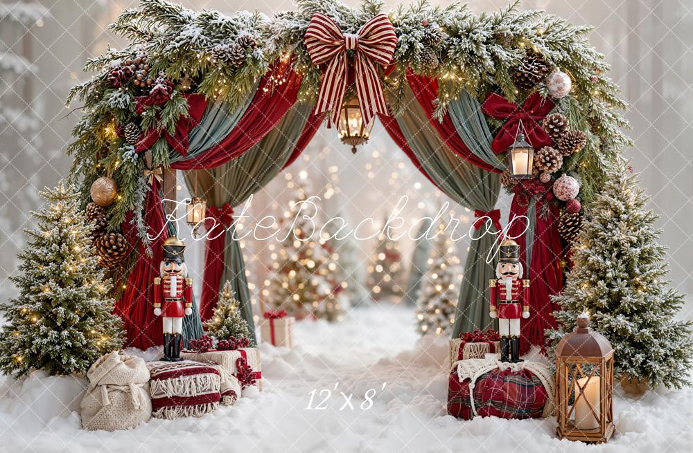 Kate Christmas Arch Bow Drapes Nutcracker Lanterns Trees Snow Printed Backdrop Designed by Emetselch