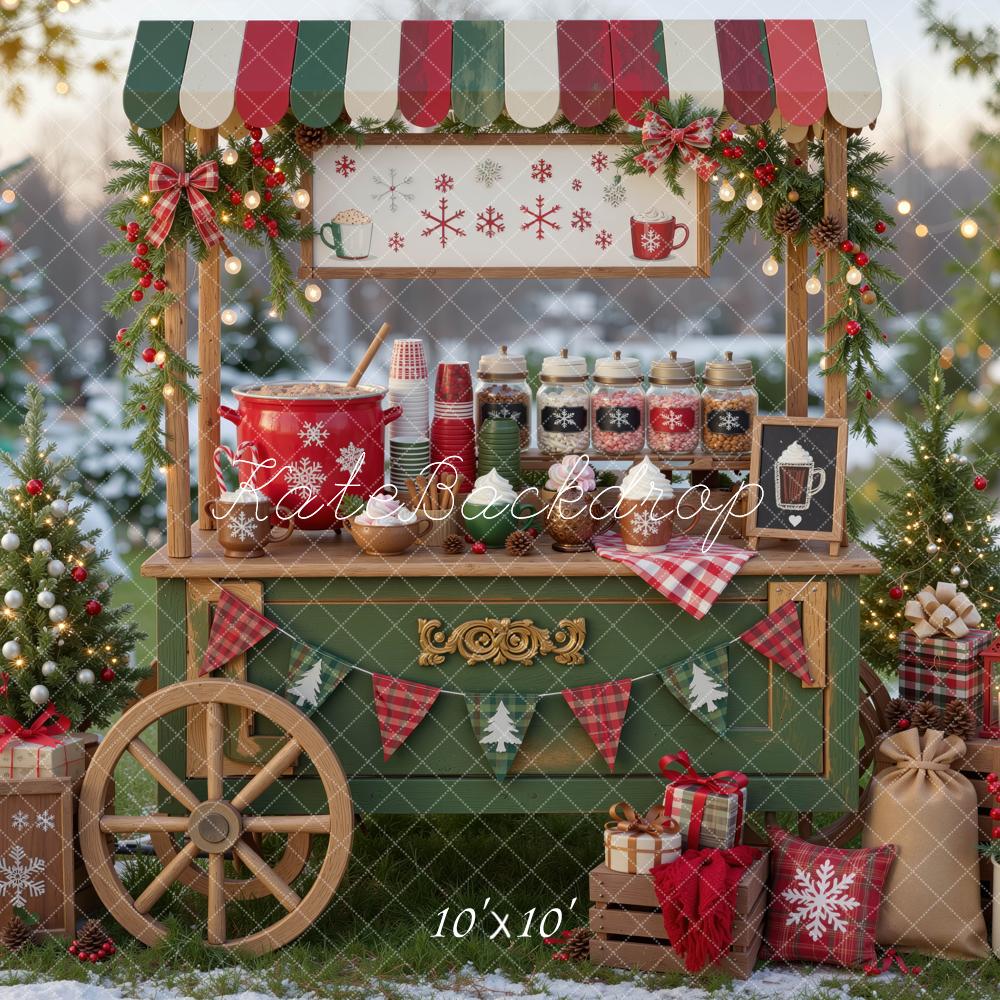 Kate Christmas Hot Cocoa Stand Gifts Trees Snow Outdoor Printed Backdrop Designed by Mini MakeBelieve