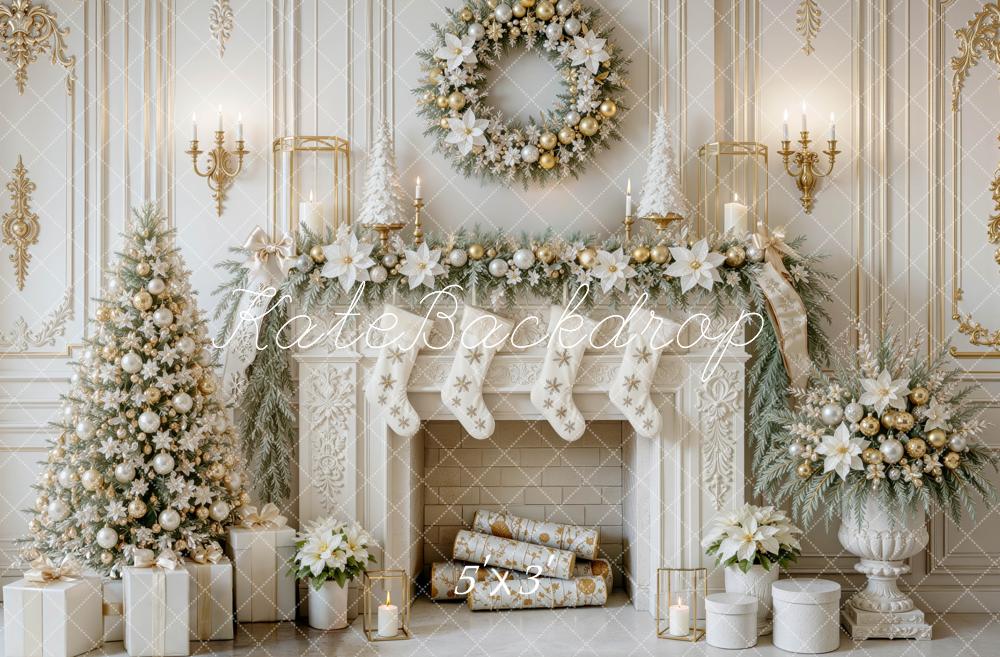 Kate Christmas Vintage Gold Fireplace Tree Wreath Printed Backdrop Designed by Mini MakeBelieve