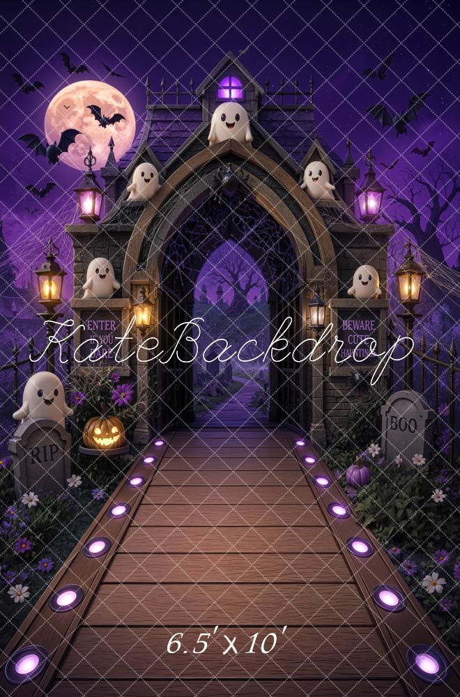 Kate Halloween Trunk or Treat Haunted Gate Ghosts Purple Printed Backdrop Designed by Mini MakeBelieve