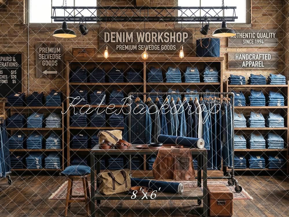 Kate Denim Workshop Brick Wall Shelves Printed Backdrop Designed by Patty Roberts