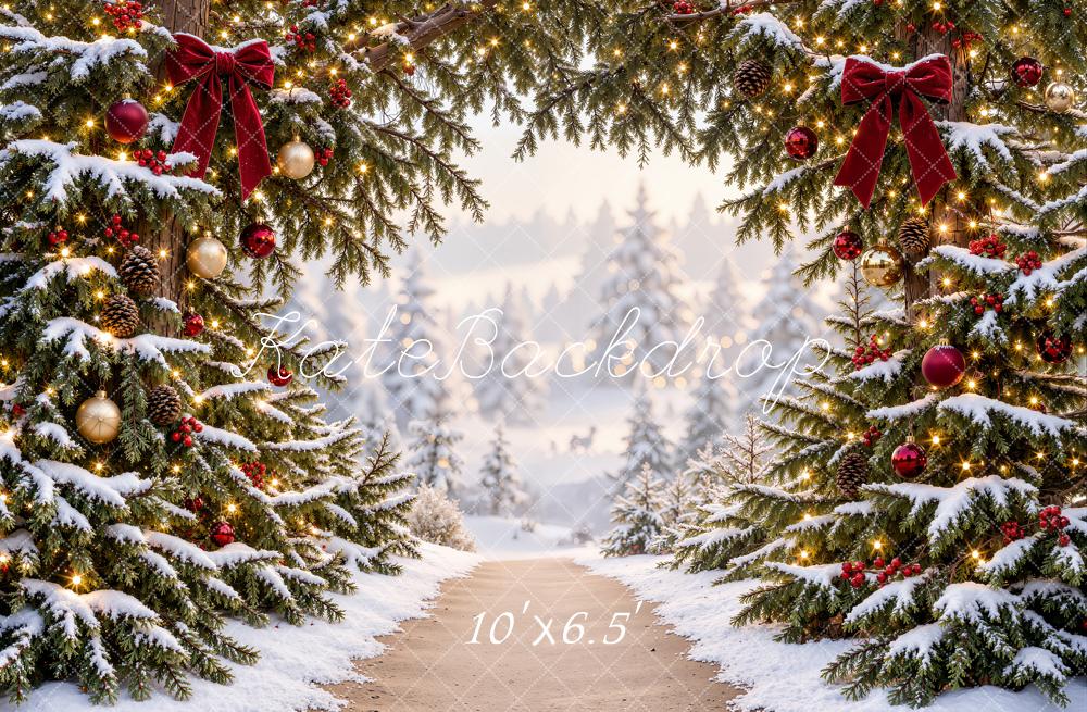 Kate Christmas Trees Snowy Pine Arch Forest Path Printed Backdrop Designed by Emetselch