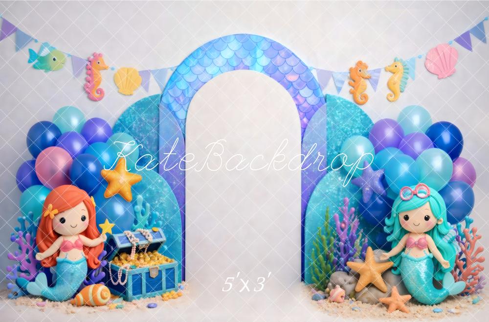 Kate Mermaid Balloon Arch Treasure Chest Starfish Printed Backdrop Designed by Vertigo Productions