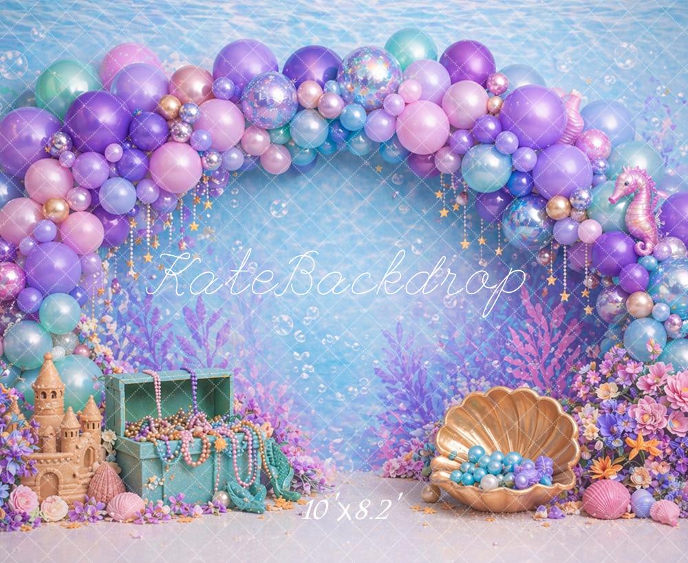 Kate Mermaid Balloon Arch Shell Sandcastle Underwater Printed Backdrop Designed by Caitlin Lynch