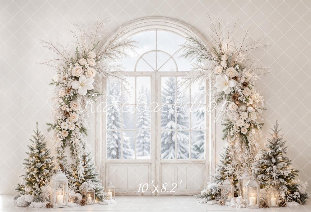 Kate Christmas Flower Arch White Winter Door Snowy Printed Backdrop Designed by Emetselch