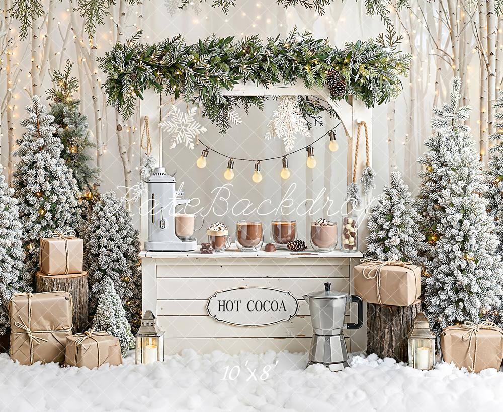 Kate Christmas Hot Cocoa Stand Snowy Trees Gifts Rustic Backdrop Designed by Emetselch
