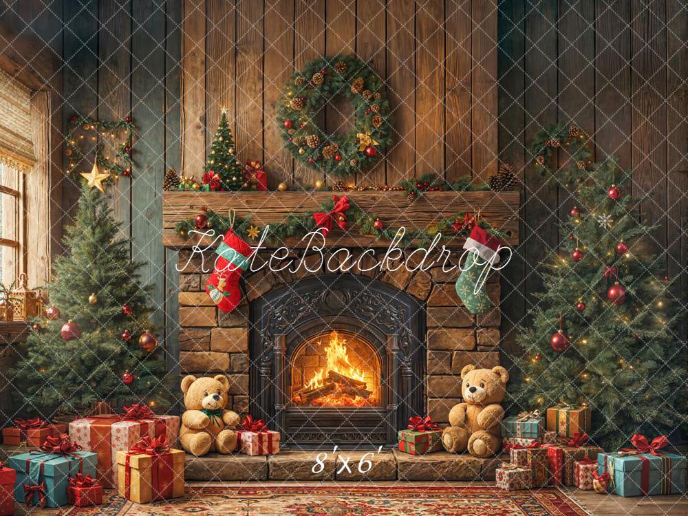 Kate Christmas Fireplace Trees Wreath Gifts Teddy Bears Printed Backdrop Designed by Emetselch