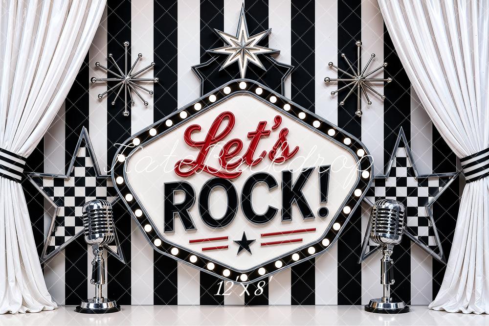Kate Retro Rock Stage Microphone Star Printed Black And White Striped Backdrop Printed Backdrop Designed by Ashley Ward