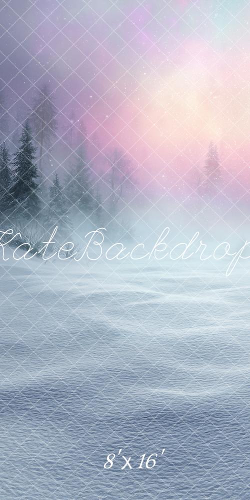 Kate Sweep Winter Snowy Forest Aurora Pastel Sky Printed Backdrop Designed by Angela Miller