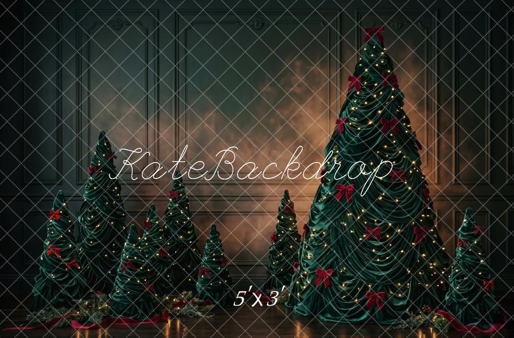 Kate Christmas Trees Dark Moody Red Bows Lights Printed Backdrop Designed by Patty Roberts