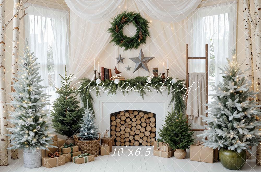 Kate Christmas Fireplace White Pine Trees Drapes Wreath Gifts Printed Backdrop Designed by Mini MakeBelieve