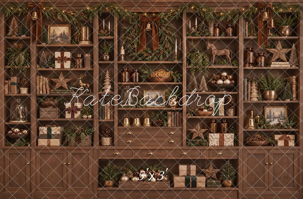 Kate Christmas Brown Cabinet Wreath Garland Shelves Printed Backdrop Designed by Vertigo Productions
