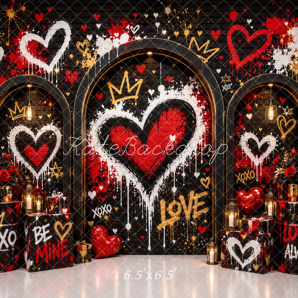 Kate Valentine's Day Black Graffiti Hearts Crowns Arch Printed Backdrop Designed by Ashley Paul