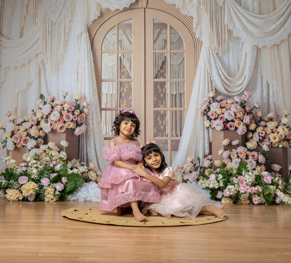 Kate Mother's Day Boho Floral Door Beige Drapes Printed Backdrop Designed by Mini MakeBelieve