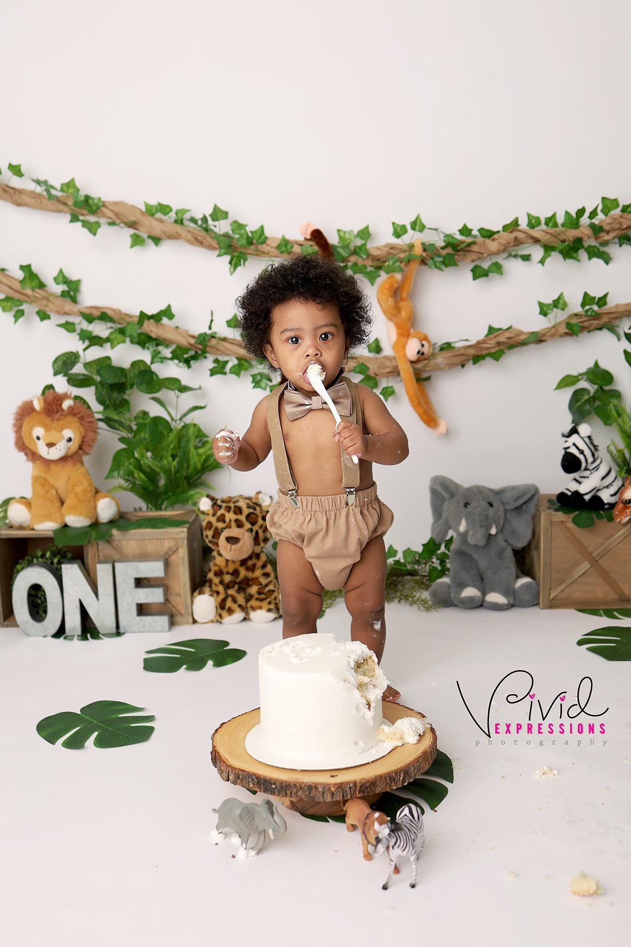Kate Jungle Stuffed Animals Green Leaves Wooden Crates Printed Backdrop Designed by Melissa King