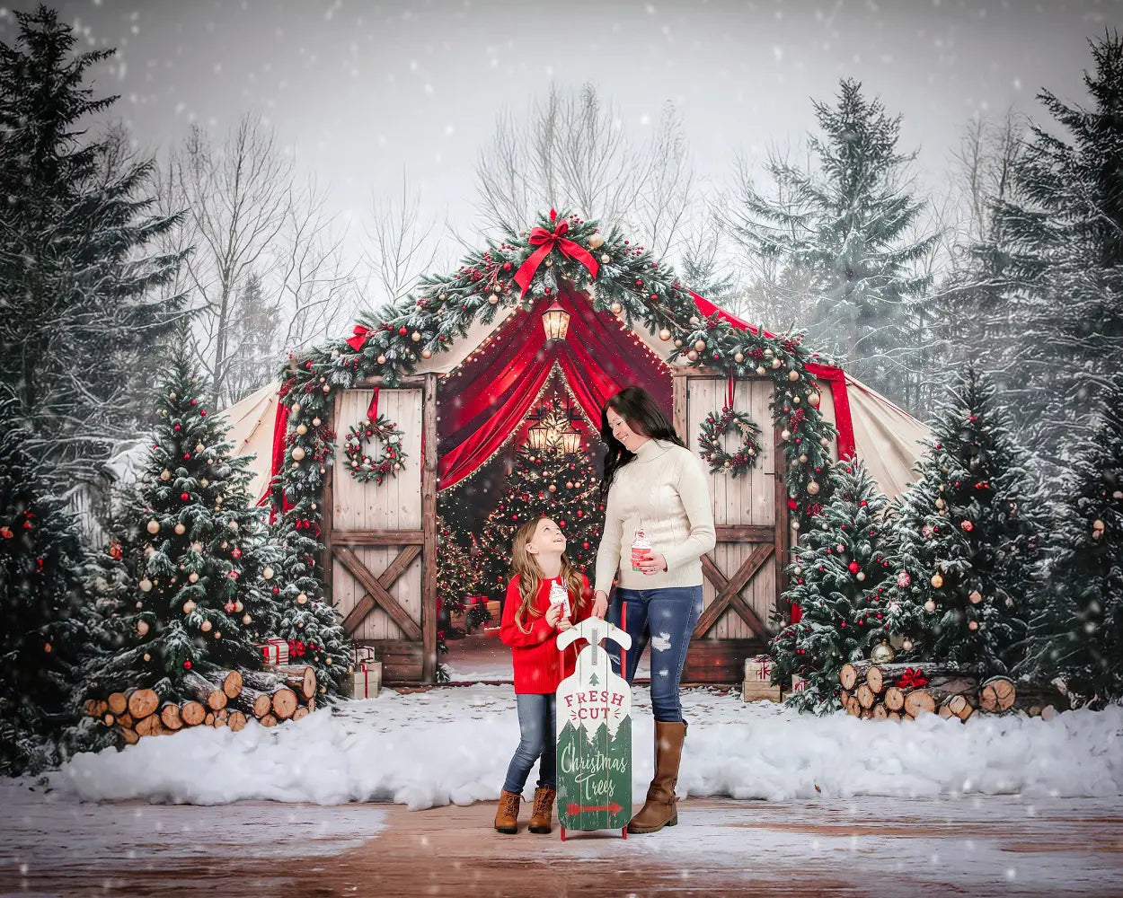 Kate Christmas Tree Barn Bow Snow Forest Backdrop Designed by Emetselch