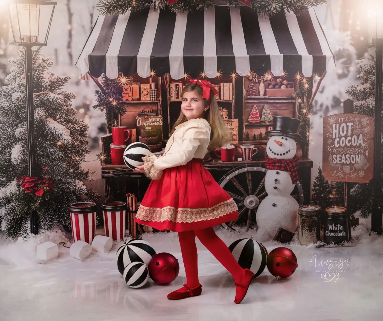 Kate Christmas Hot Cocoa Stand Snowman Winter Trees Backdrop+White Snow Floor Backdrop