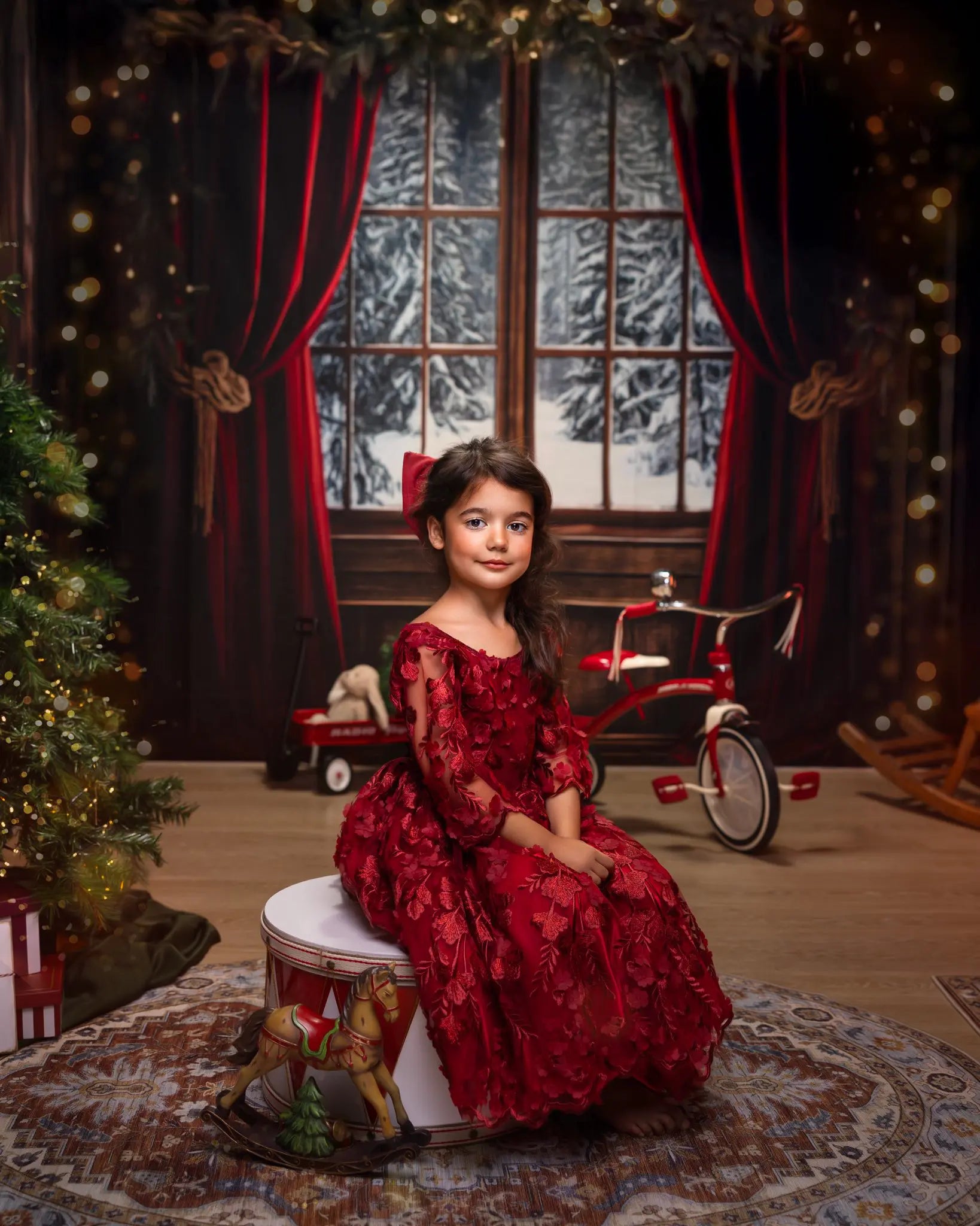 Kate Christmas Red Curtain Dark Brown Framed Window Backdrop Designed by Emetselch