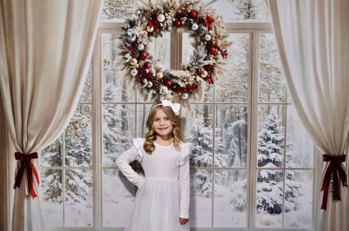 Kate Christmas White Curtain Wreath Window Printed Backdrop Designed by Emetselch