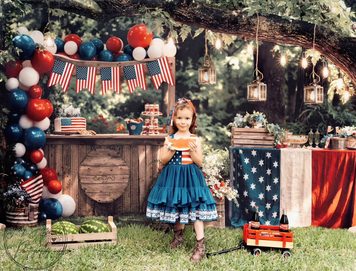 Kate 4th of July Patriotic Outdoor Balloons American Flags Rustic Table Printed Backdrop Designed by Emetselch