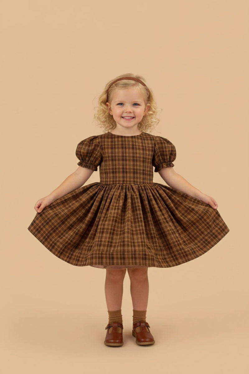 Kate Classic Brown Puff Sleeve Plaid Girls Dress for Photography, 10Y