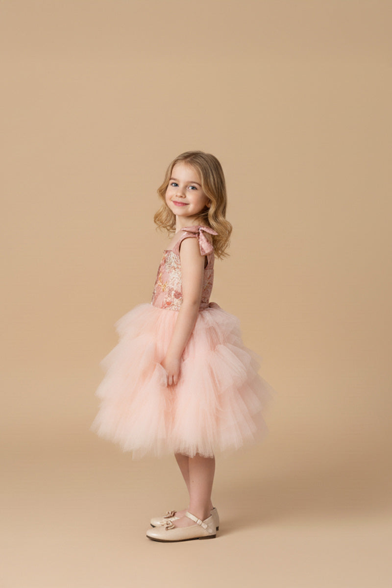 Couture Velvet Roze Sequin Strik Schouder Meisjesjurk voor Fotografie