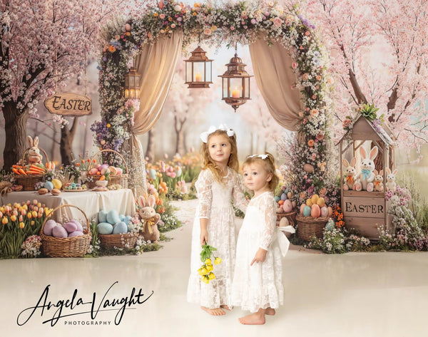Kate Easter Bunny Flower Arch Cherry Blossom Eggs Printed Backdrop Designed by Emetselch