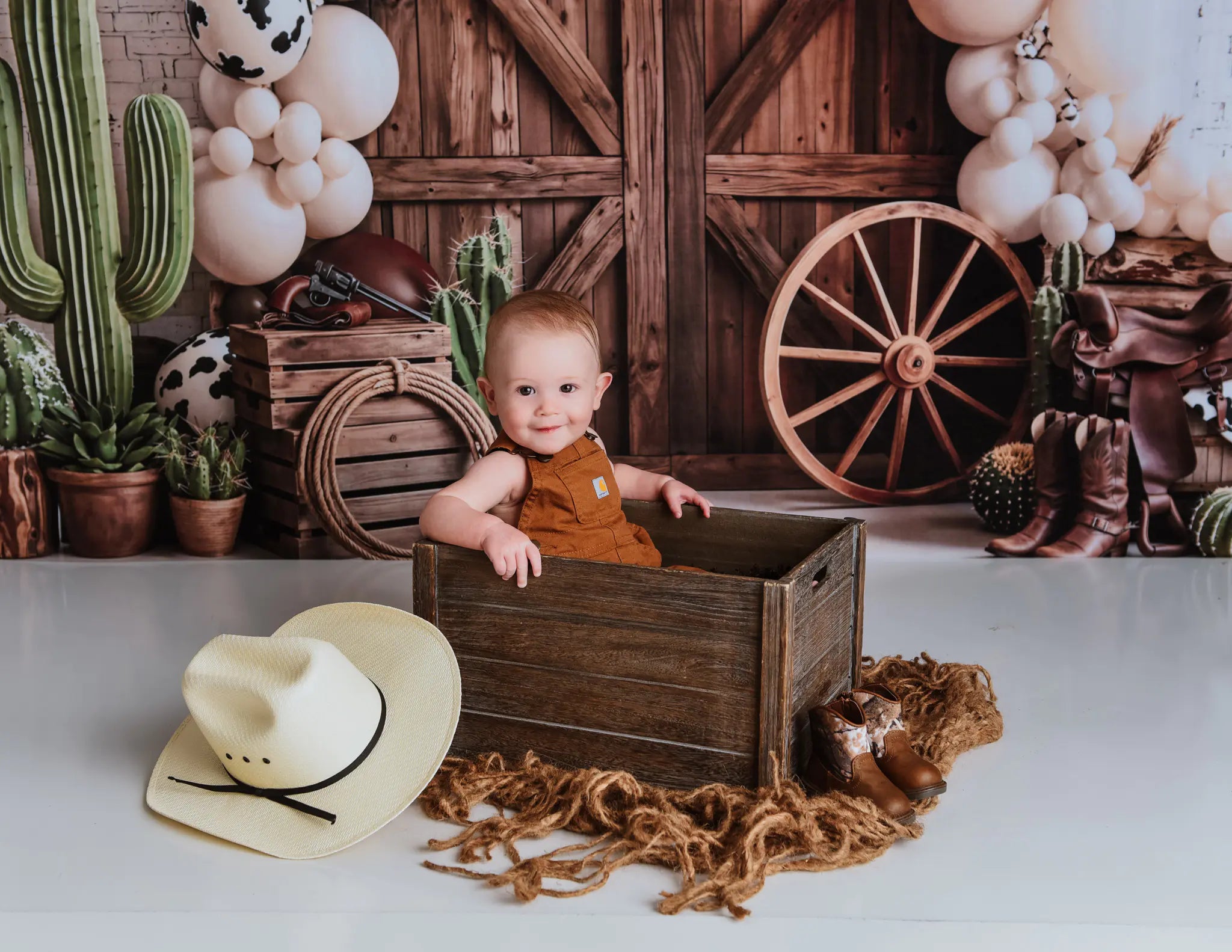 Kate Western Barn Door Cow Print Balloon Arch Cactus Printed Backdrop Designed by Emetselch