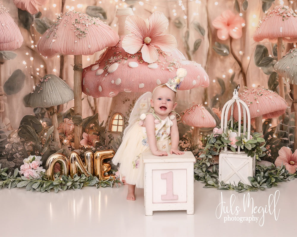 Kate Fairy Fantasy Pink Mushroom House Printed Backdrop Designed by Ashley Paul