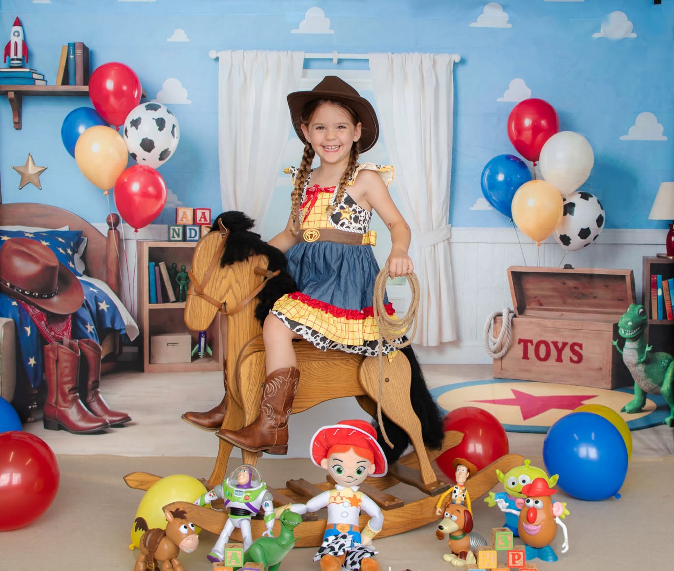 Kate Cowboy Toy Bedroom Blue Cloud Wall Printed Backdrop Designed by Mini MakeBelieve