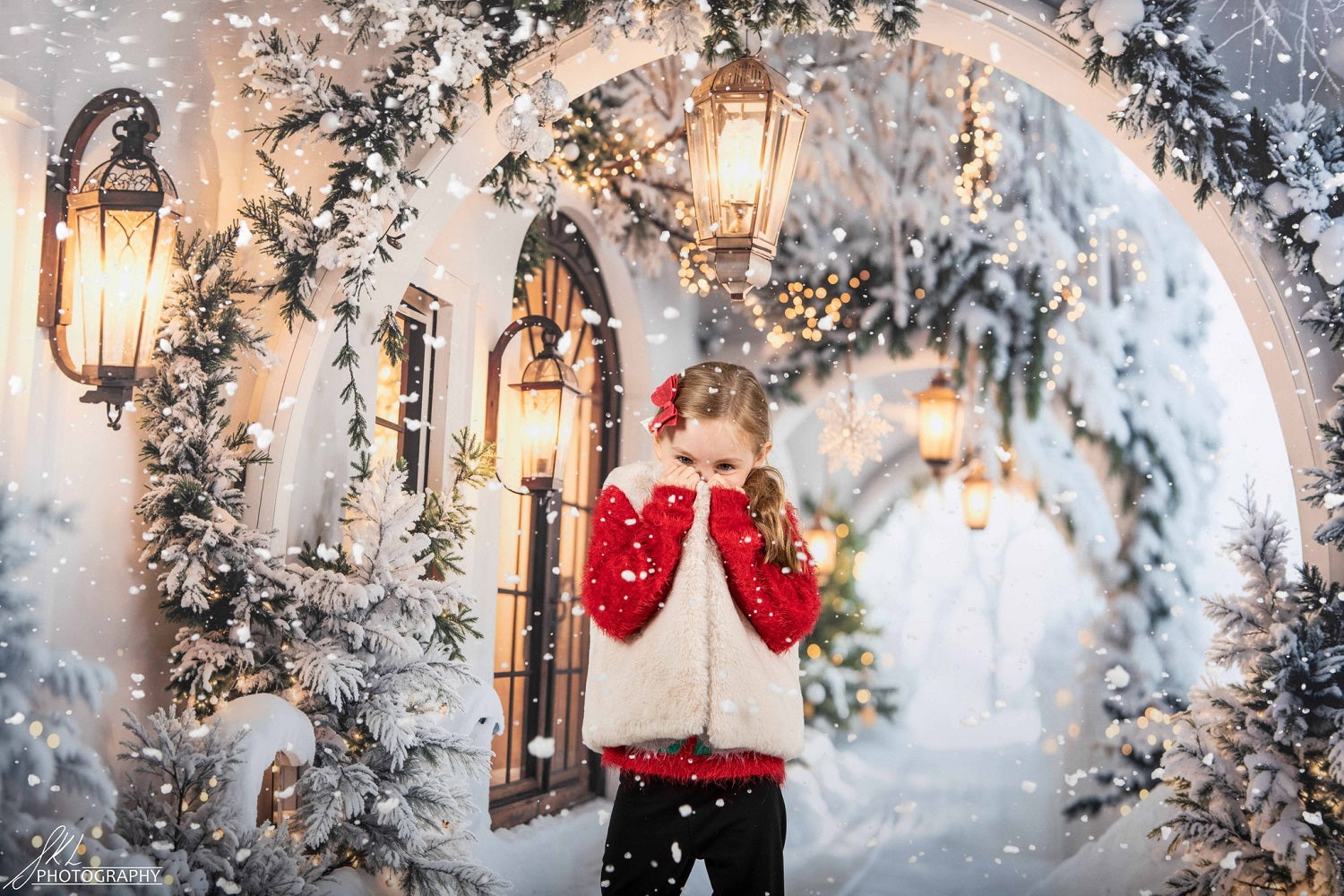 Kate Winter Christmas White Flower Arch Snowy Hallway Backdrop Designed by Emetselch