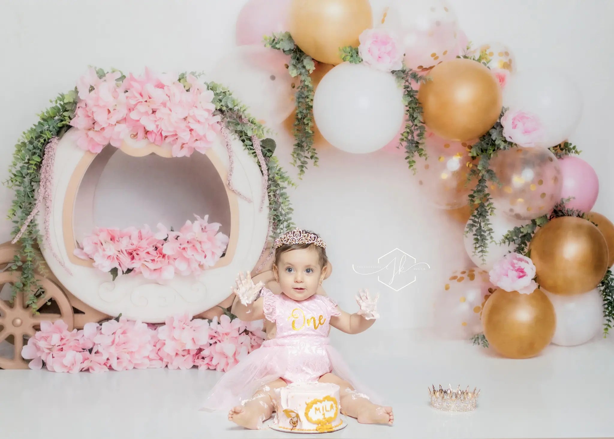 Kate Pink Gold Floral Balloon Carriage Printed Backdrop Designed by Lisa B