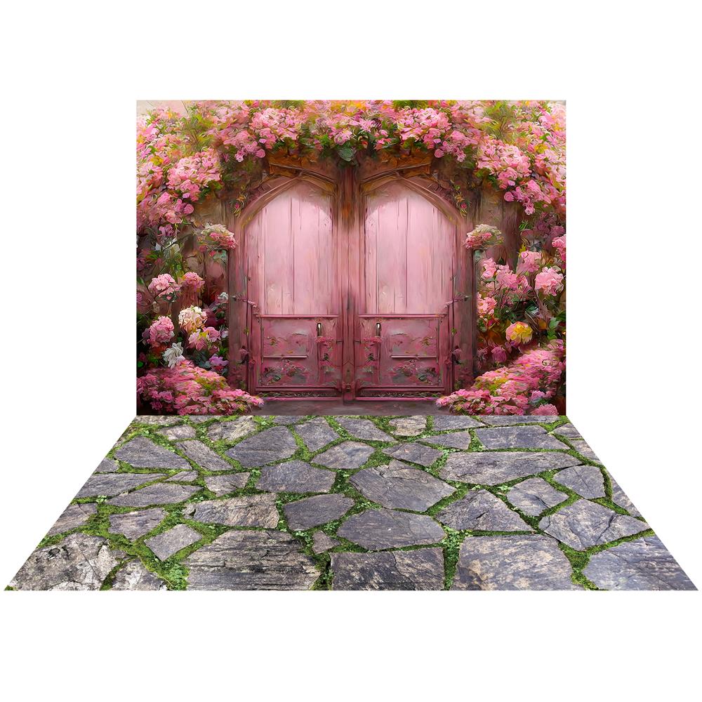 Kate Spring Pink Floral Door Backdrop+Stone Rubber Floor Mat