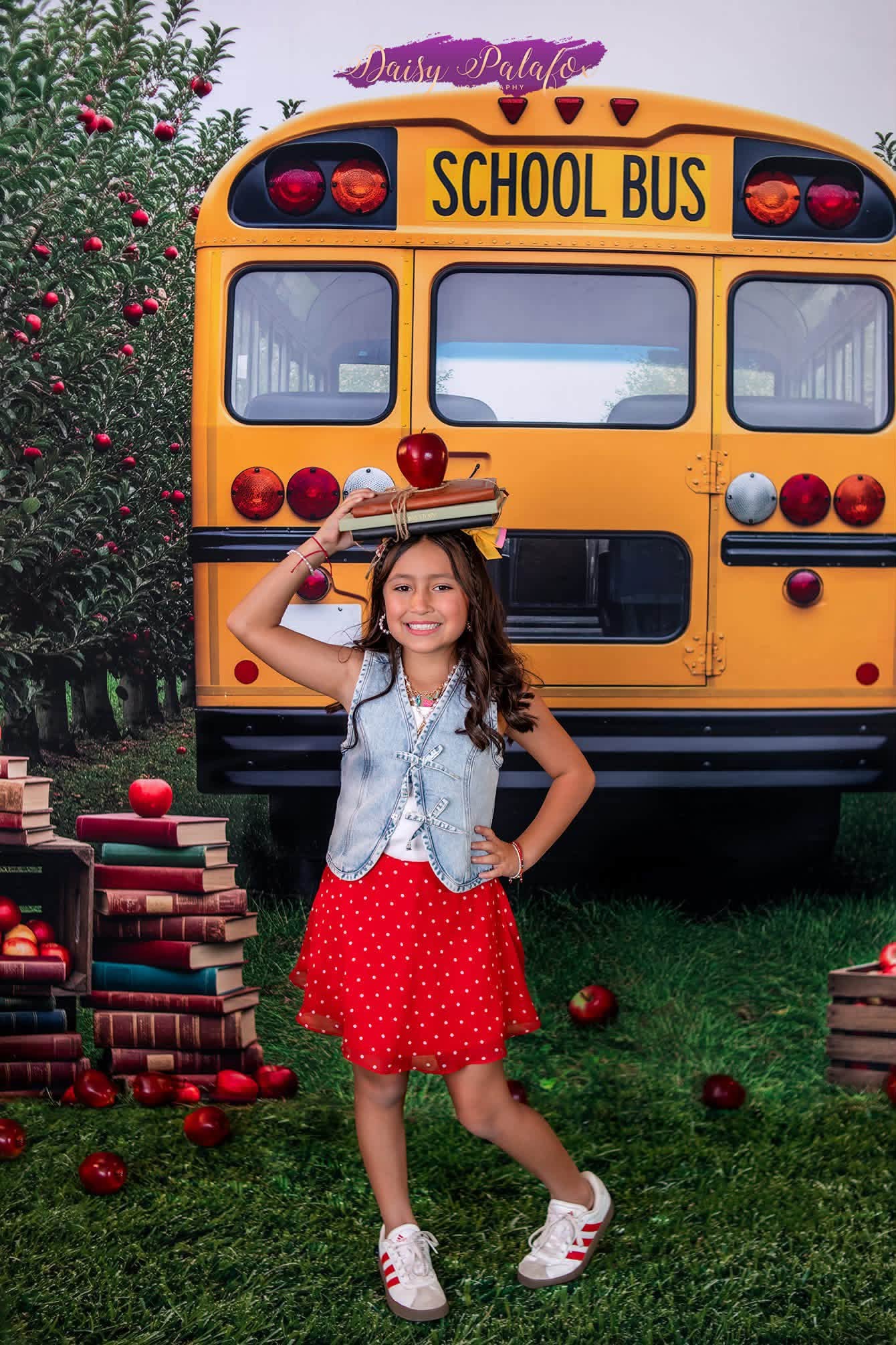 Kate Back to School School Bus Apple Orchard Books Globe Crates Printed Backdrop Designed by Patty Roberts