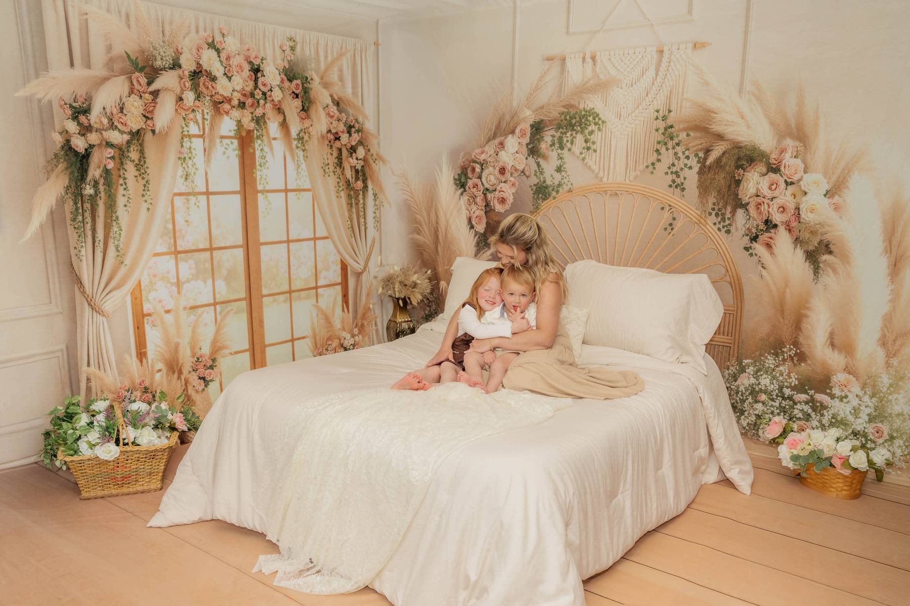 Kate Boho Flower Arch Rattan Pampas Grass Macrame Beige Printed Backdrop Room Set