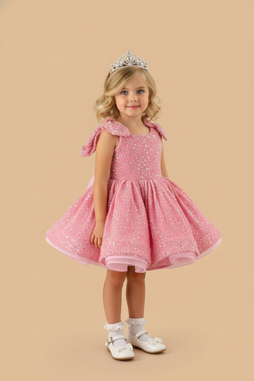 Vestido de niña de terciopelo rosa con lentejuelas y lazo en el hombro para fotografía  
Designed by Kate